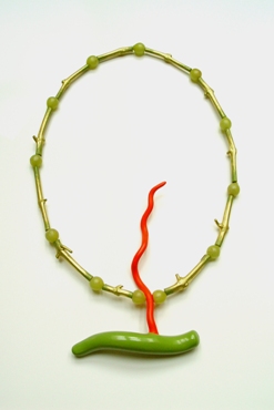 13 Necklace/object â€˜Harvestâ€™ 1996. wood, leave gold, acrylic paint, synthetic material, 52x34cm