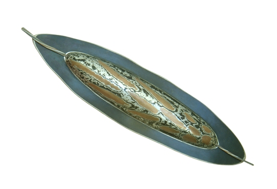 29 Brooch ‘Sediment’ 1990. mokume gane, copper, silver, tombak, 5x15x5cm